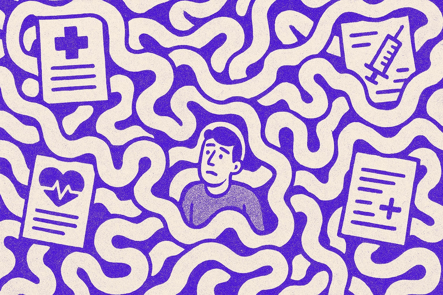 Illustration of a man caught in a vaguely intestine-like maze with healthcare documents sprinkled about.