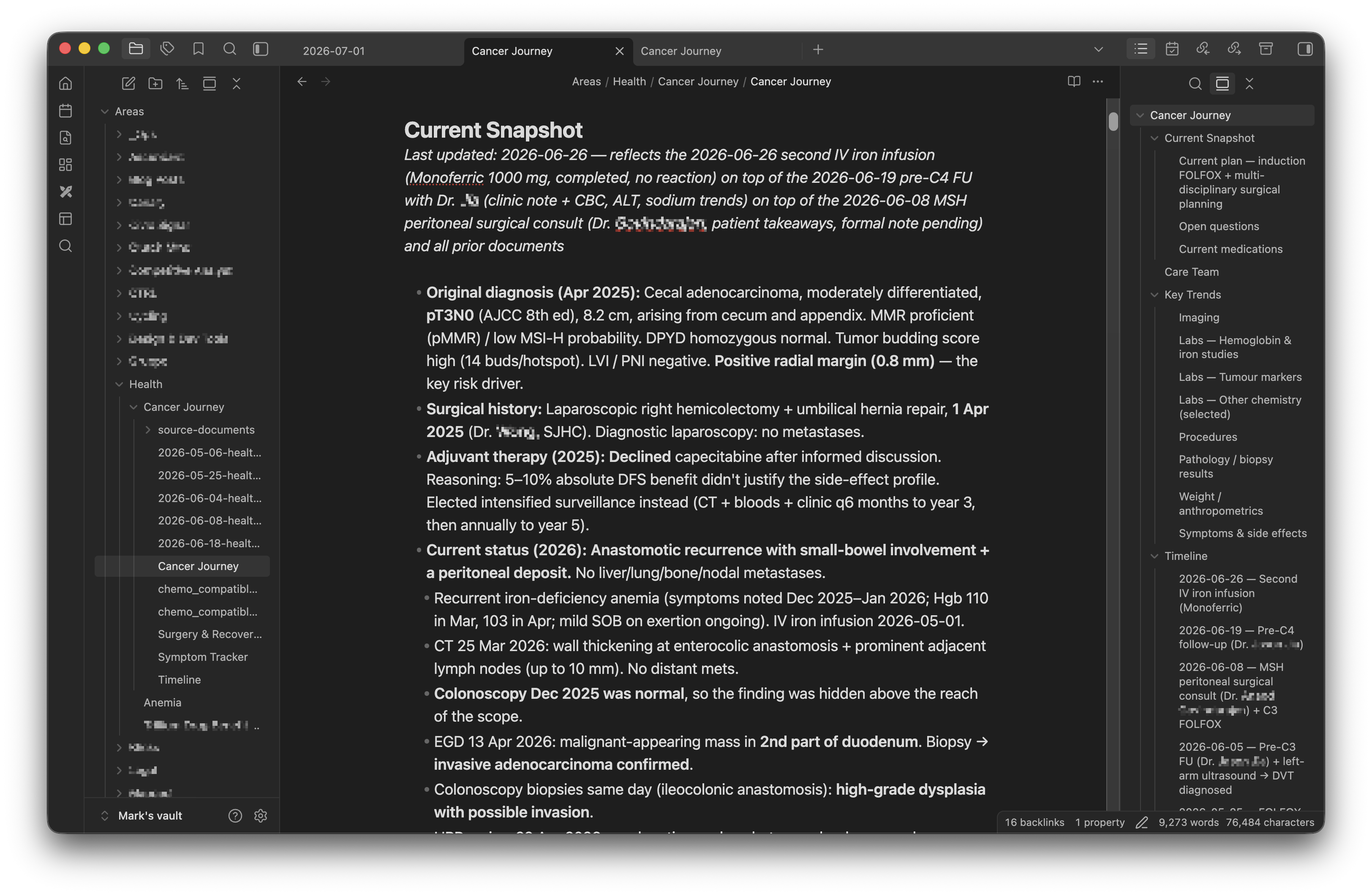 Screenshot of the Cancer Journey folder in my Obsidian vault: a summary note showing the current snapshot, alongside source documents and trackers.